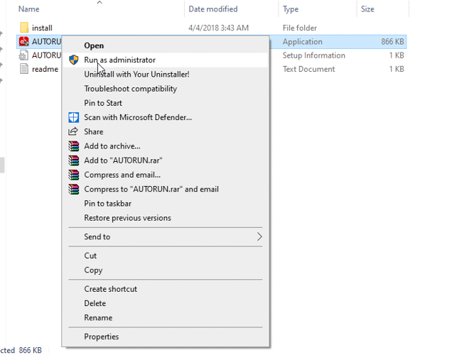 Chọn AUTORUN chạy bằng quyền admin