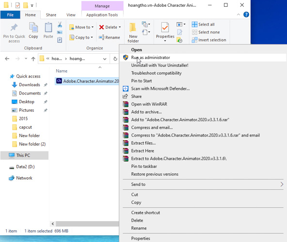 Chạy file Adobe Character Animator CC 2020 vừa giải nén