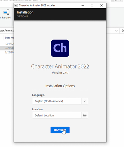 Chọn Continue để cài đặt Adobe Charater Animator 2022