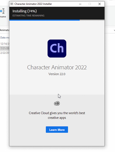 Chờ quá trình cài đặt Adobe Character Animator CC 2022 hoàn tất