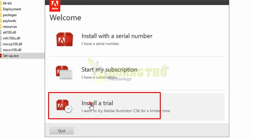 Tiến hành chọn Install a trial để tải Adobe Illustrator cs6