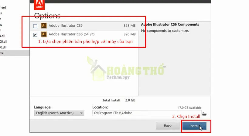 Lựa chọn phiên bản tải Adobe Illustrator cs6 phù hợp sau đó chọn Install.