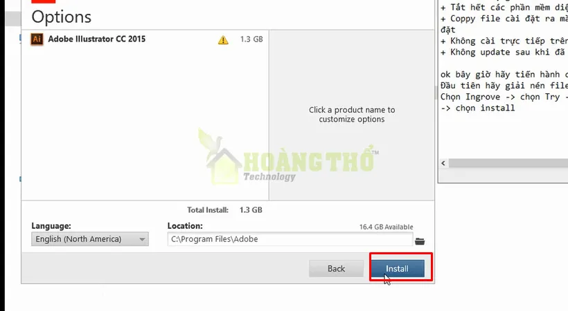 Chọn Install tải Adobe Illustrator 2015