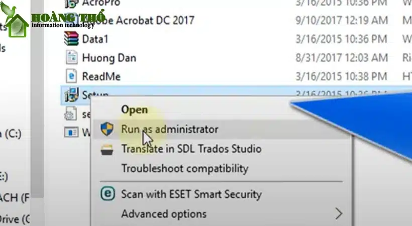 Chạy file Setup Acrobat Pro 2017 dưới quyền admin
